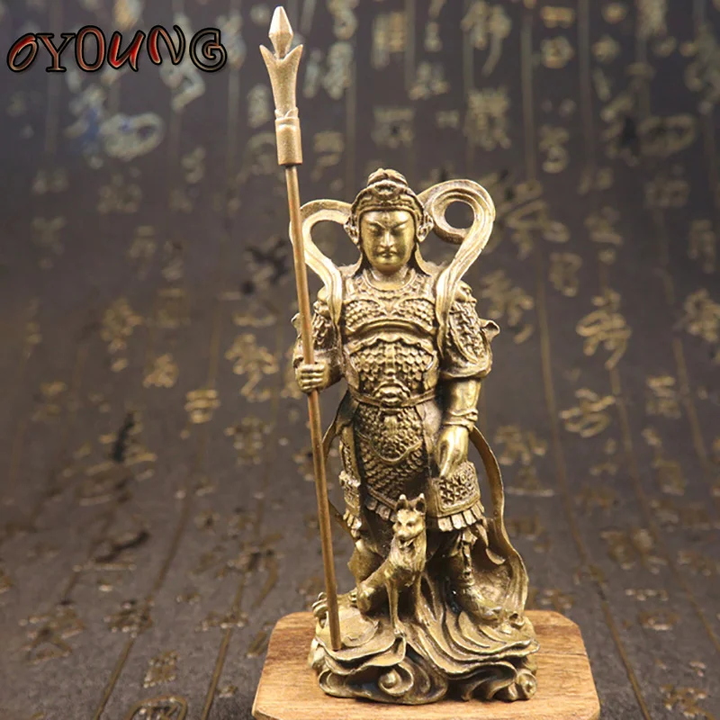 Antique Bronze Buddha Statue Three Eyes Erlang God Hero Ornaments Three Pointed Double-edged Blade Weapon Dog Figurines Decors