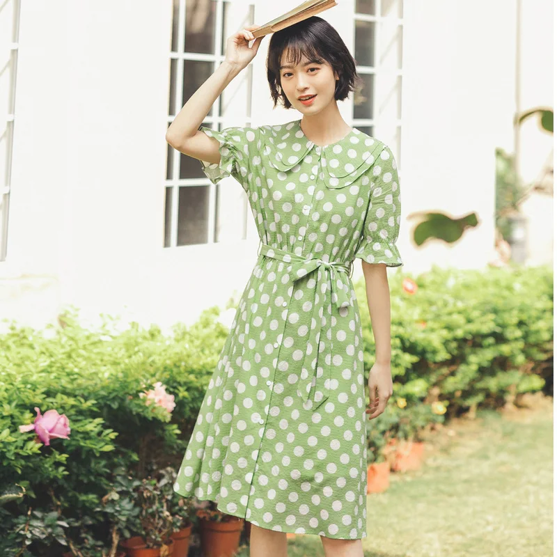 INMAN  Summer Doll Collar Retro Wave Point Bowknot Nipped Waist Shourt Sleeve Dress