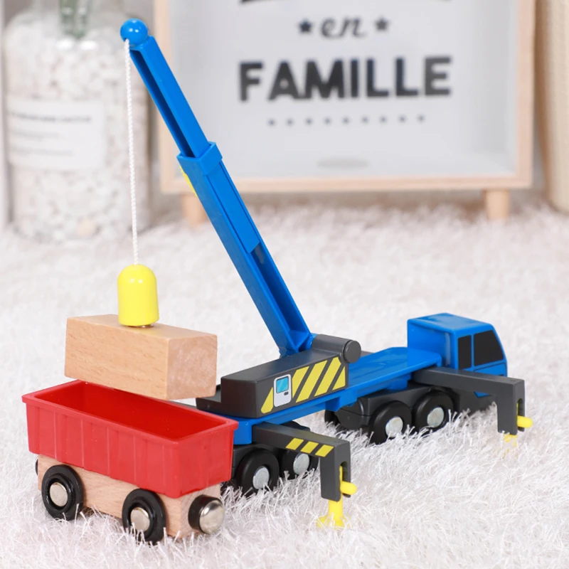 Diecast Telescopic Boom Lifting Crane Inertia Hand Push Engineering Vehicle Compatible with Wooden Train Track Toys for Kids