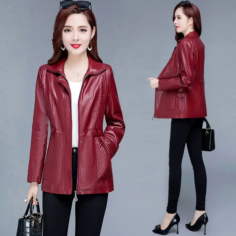 2XL-8XL Women Leather Jacket Spring Mid-length Motorcycle Coat Middle Aged Mother Winter Overcoat Pu Leather Jacket Y44