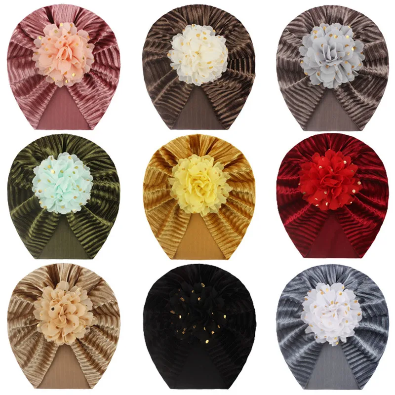 New Baby Flower Hat with Sequins for Girls Princess Velvet Baby Beanie Elastic Toddler Baby Turban Hats Infant Girl Cap 9 Colors