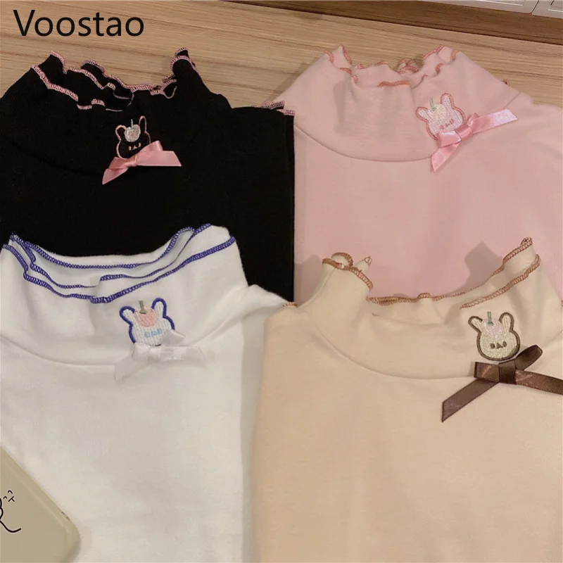 

Sweet Long Sleeve T-shirts Women Cute Lolita Rabbit Embroidery Ruffles Turtleneck Slim Tops Japanese Girly Kawaii Y2k Basic Tees