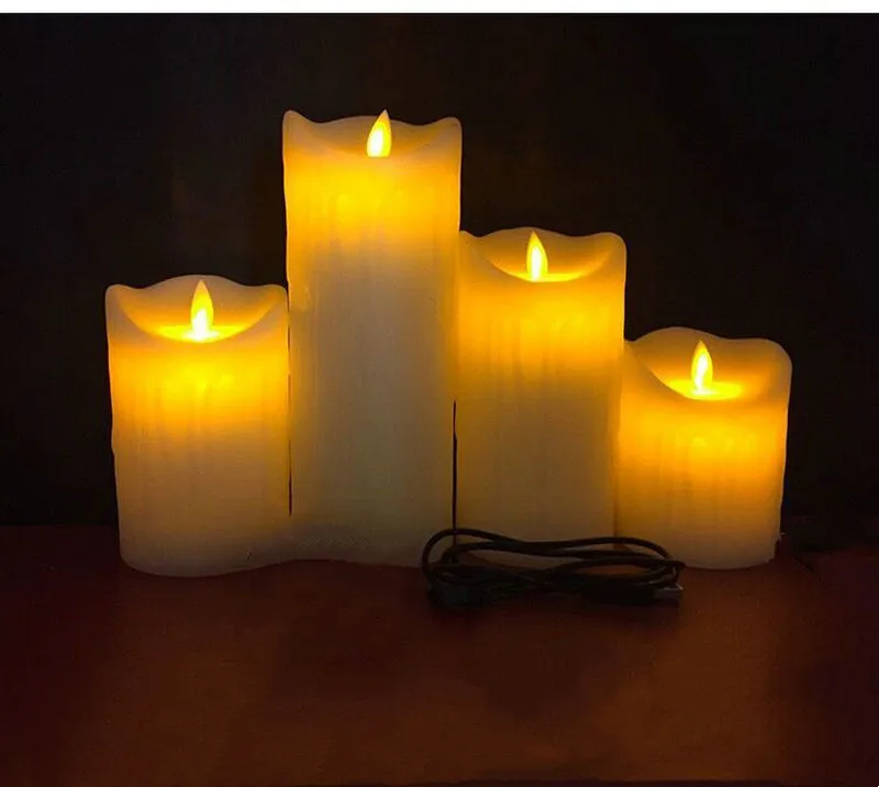 

USB Rechargeable Flickering Paraffin Candle Flickering Pillar Tear Candle Remote control w/timer Moving wick Dripping wax f/Home