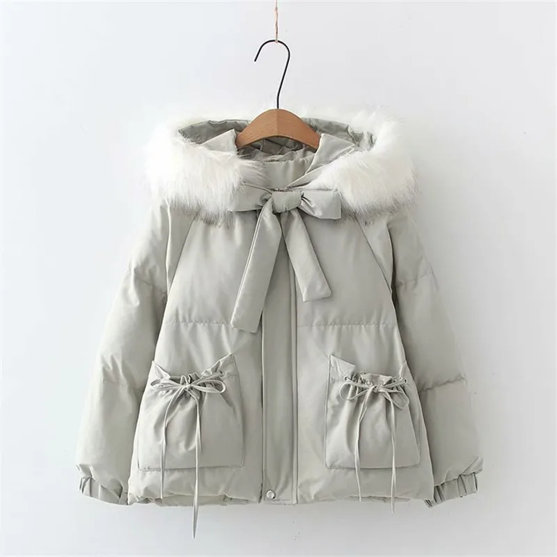 Kawaii Fashion Cotton Padded Jacket Women Cute Vintage Thick Warm Fur Collar Hooded Coat Casual Black Parka Outerwear Overcoat