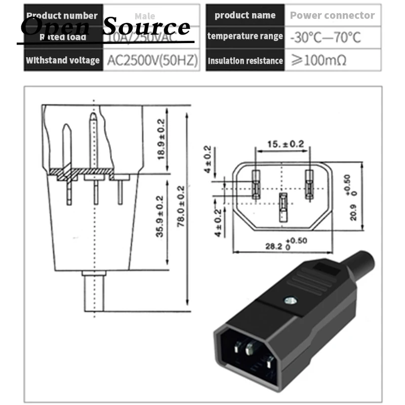 10A US AC250V 10A 3pin IEC C13 Power Supply plug socket Adapter male plug & female jack Rewirable cable wire connector