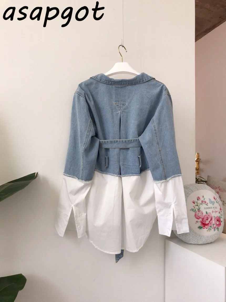 Korean Stitching Fake Two Piece Lapel Long Sleeve Single Breasted Slim Waist Lace Up Vintage Denim Coat Women Jacket Sashes