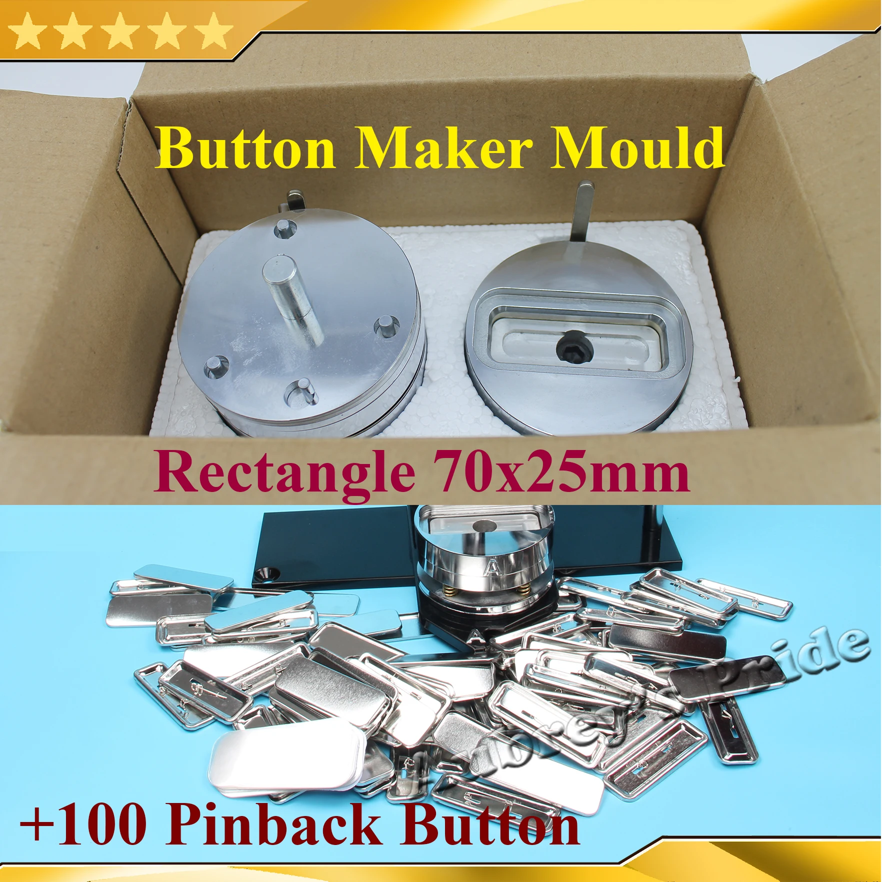 Rectangule 70x25mm Interchangeable Die Mould +100Pcs Pin Back for New Badge Machine Button Maker both Fit N3&N4 Button Machine