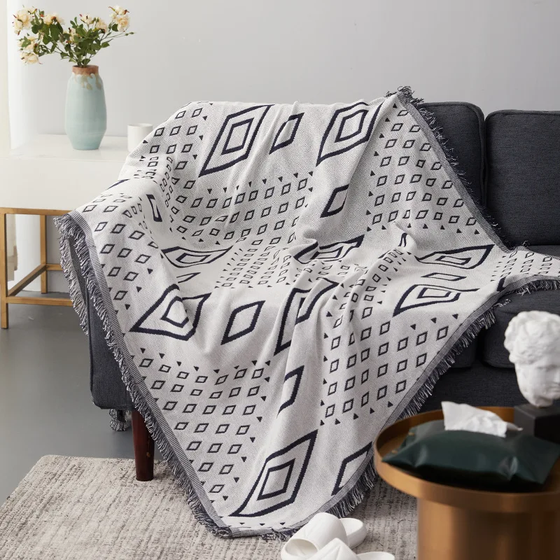 

Плед с геометрическим узором, одеяло в богемном стиле с нитками, для дивана, кровати, самолета, декоративное вязаное одеяло с кисточкой