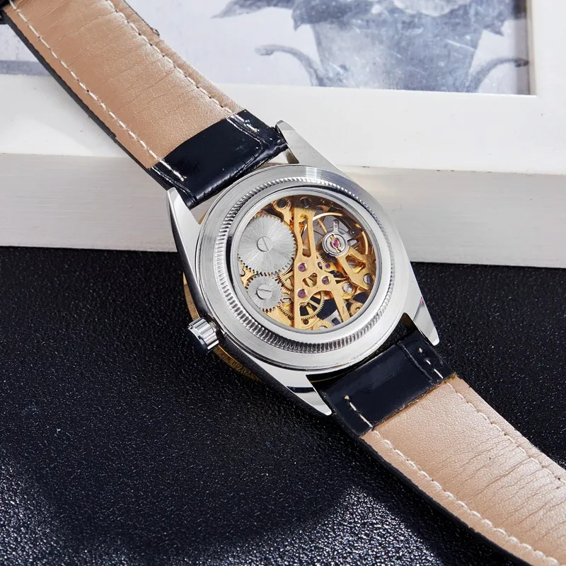 Gorben Black Leather Strap Mechanical Clock Male Self-winding Automatic Mechanical Watch Men Skeleton Watches Wristwatch