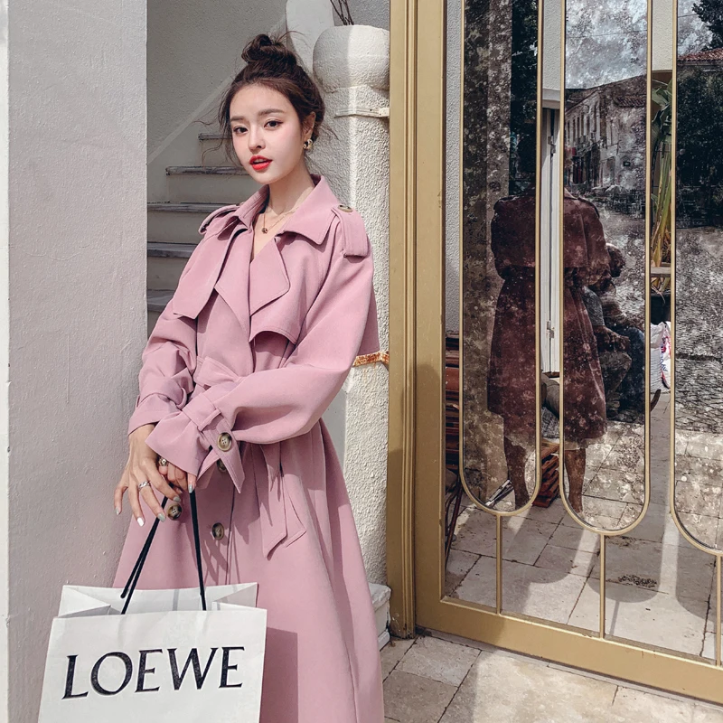 

Fashion Pop Khaki Pink Trench Coat for Women Double-Breasted Long Duster Coat with Belt Lady Windbreaker Spring Autumn Outerwear