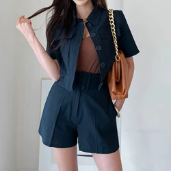 Korean Style Office Set Women Casual Pockets Single Breasted Tops Shirt Blouse Belt High Waist Shorts 2 Piece Set Female Outfits