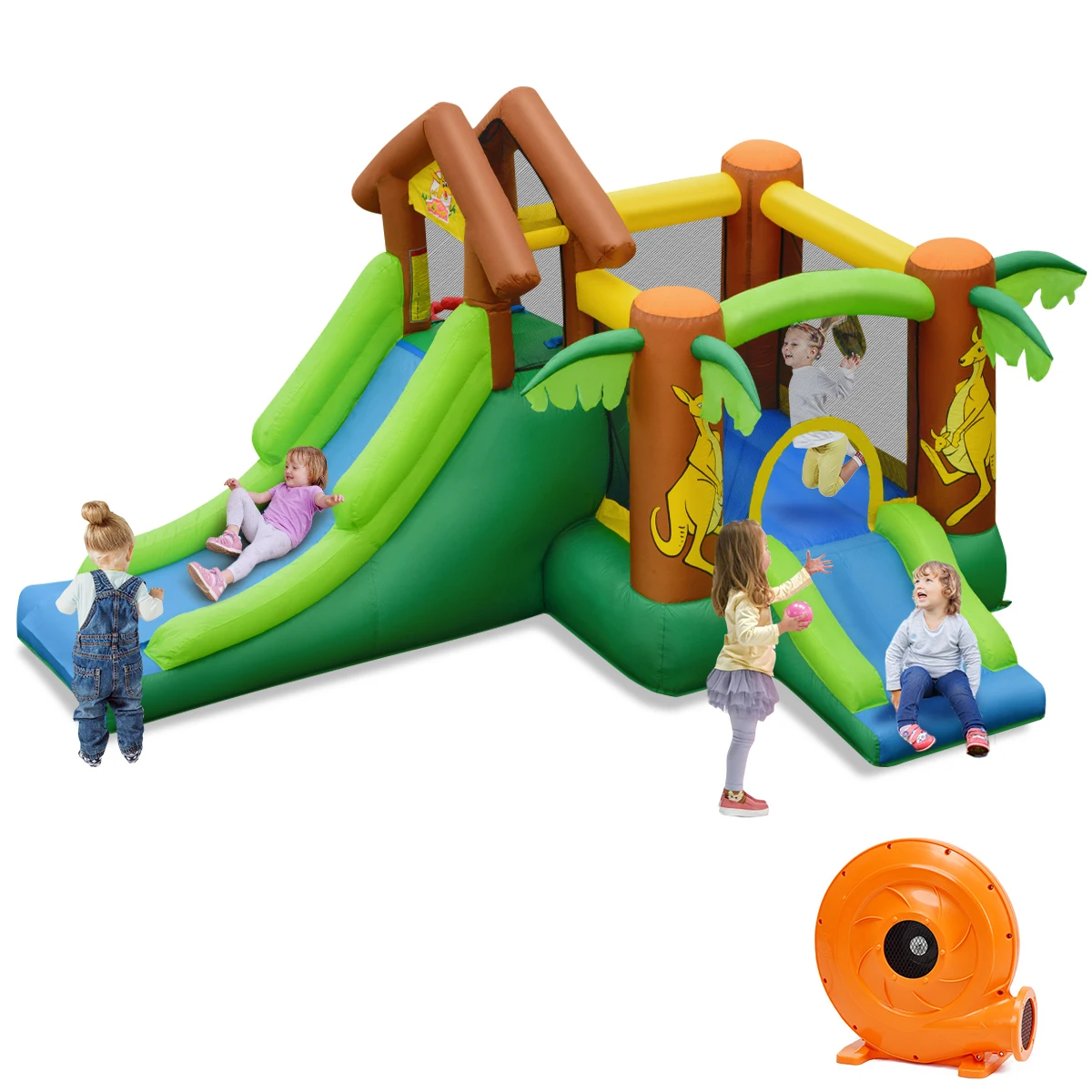 Opblaasbare Jungle Bounce House Kids Dual Slide Springkasteel Bouncer W/Blower