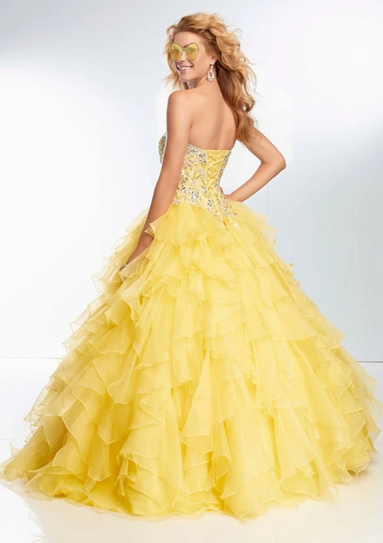 Amarelo babados vestido de baile quinceanera dresessweet miçangas 16 vestido de festa vestir formal vestidos de baile querida organza laço acima