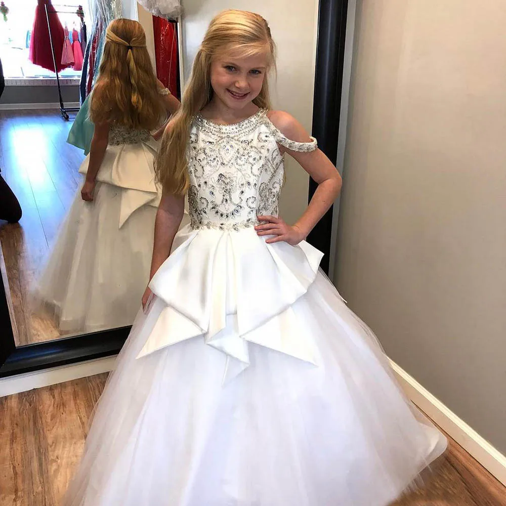 

Kids Formal Flower Girl Wear Party Birthday Gowns White Beaded Crystals Girls Pageant Dresses Jewel Neck Straps with Peplum