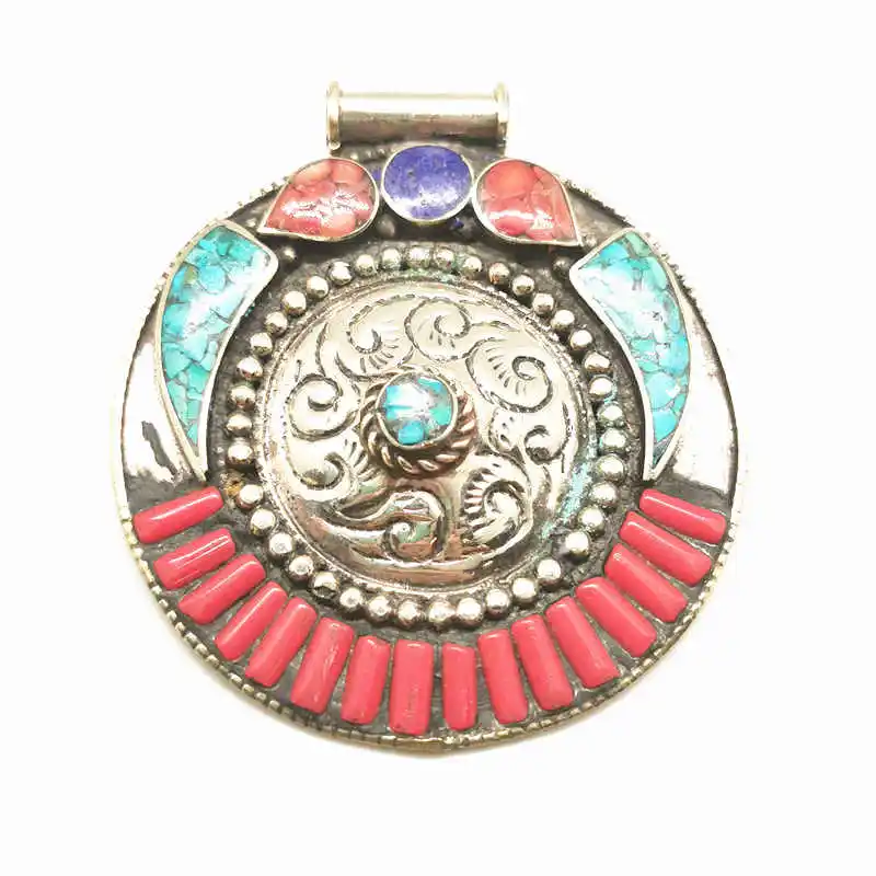 TBP758 Tibetan Jewelry Nepal Vintage Pendant Copper Inlay Colorful Stone Big Round Pendants