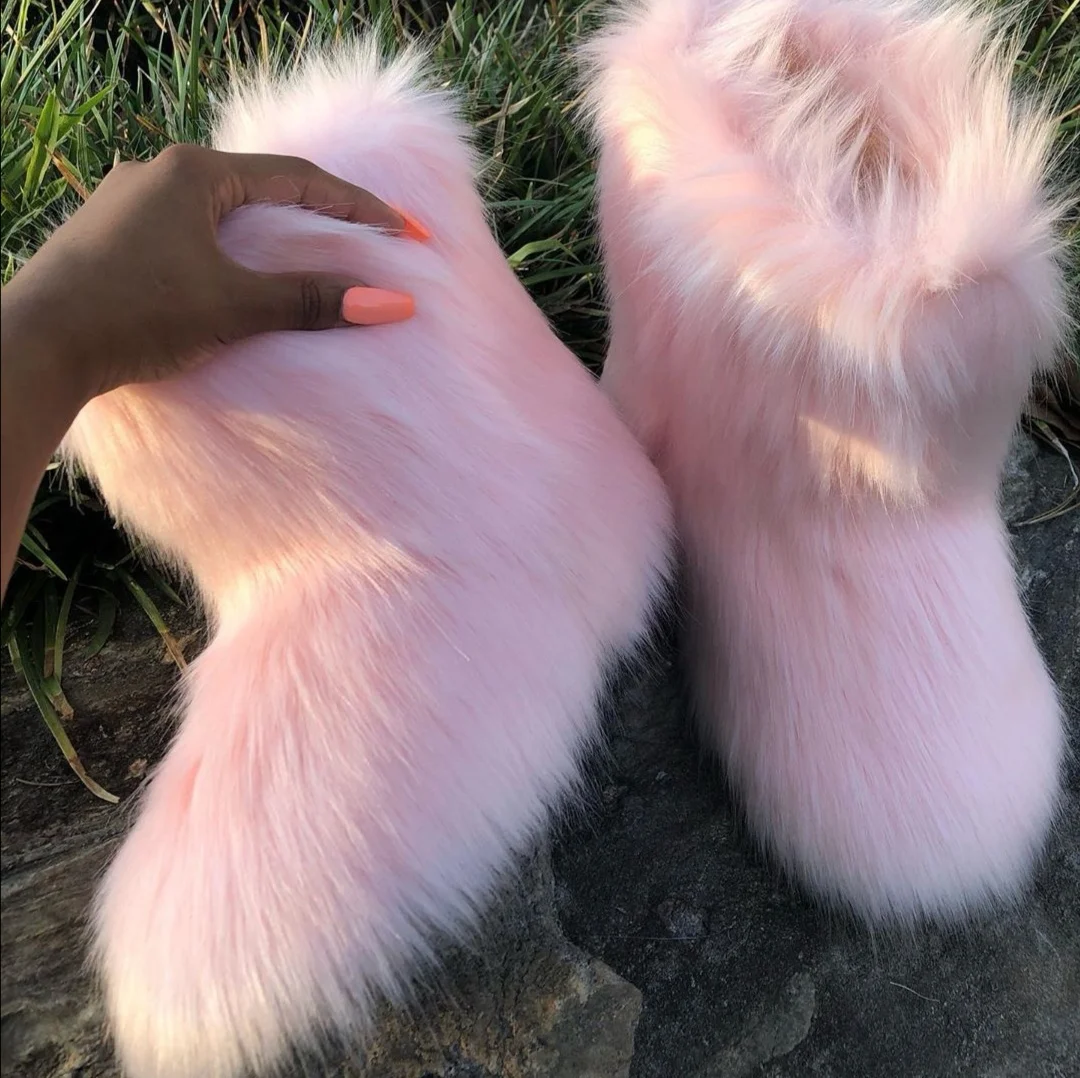 Boot Female Women Lady Faux Fox Fur Ankle Boot Bag Headband Set Furry Snow Boots Fluffy Plush Boots Amazing Shoes and Purse