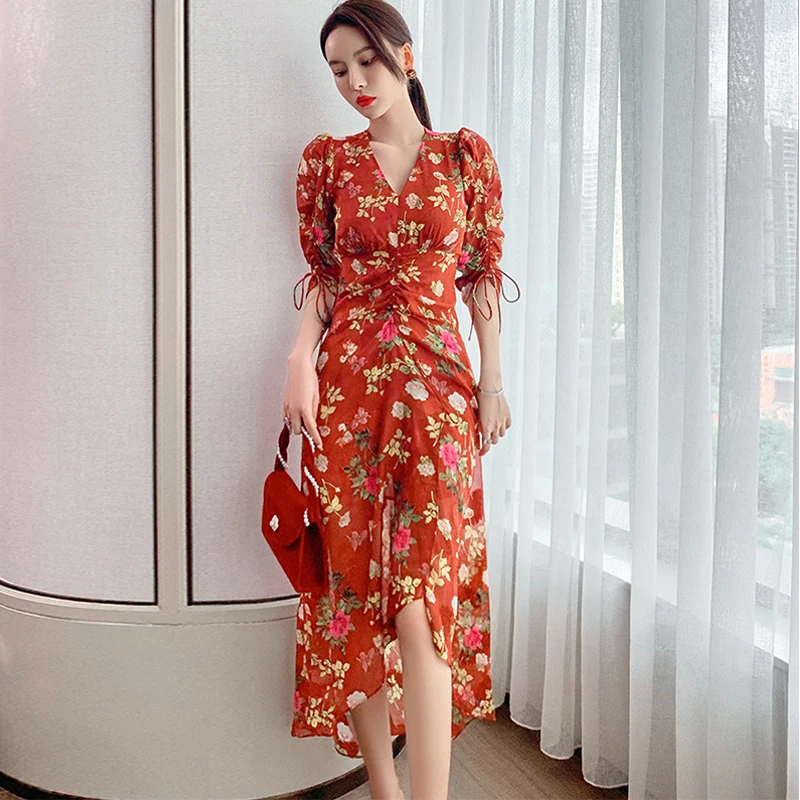 Fashion Summer Coffee Break Retro Drawstring Lace Folds Midi Party Dress Ladies Elegant Casual Floral Print Chiffon Beach Dress