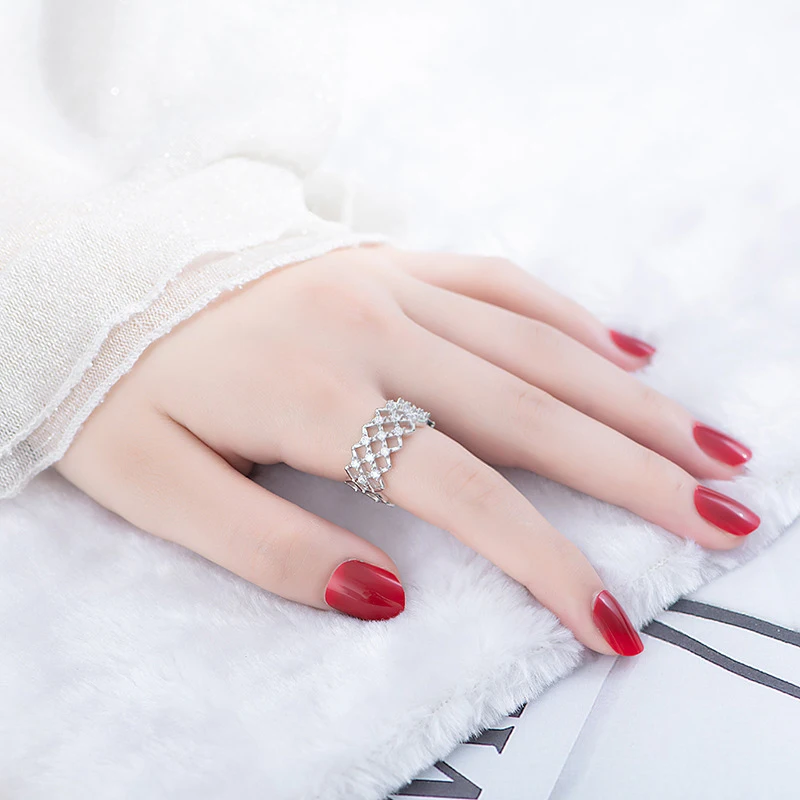 Fashion Creative Mesh Features 925 Sterling Silver Resizable Rings Women Jewelry Rhombus Net Rhinestone Rose Gold Finger Ring