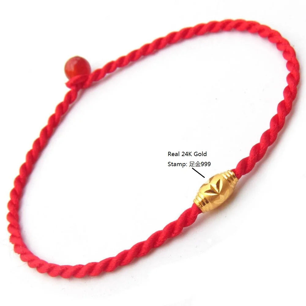 

Genuine 24K Yellow Gold Oval Tube Bead with Red Cord Bracelet Length from 5" to 15"