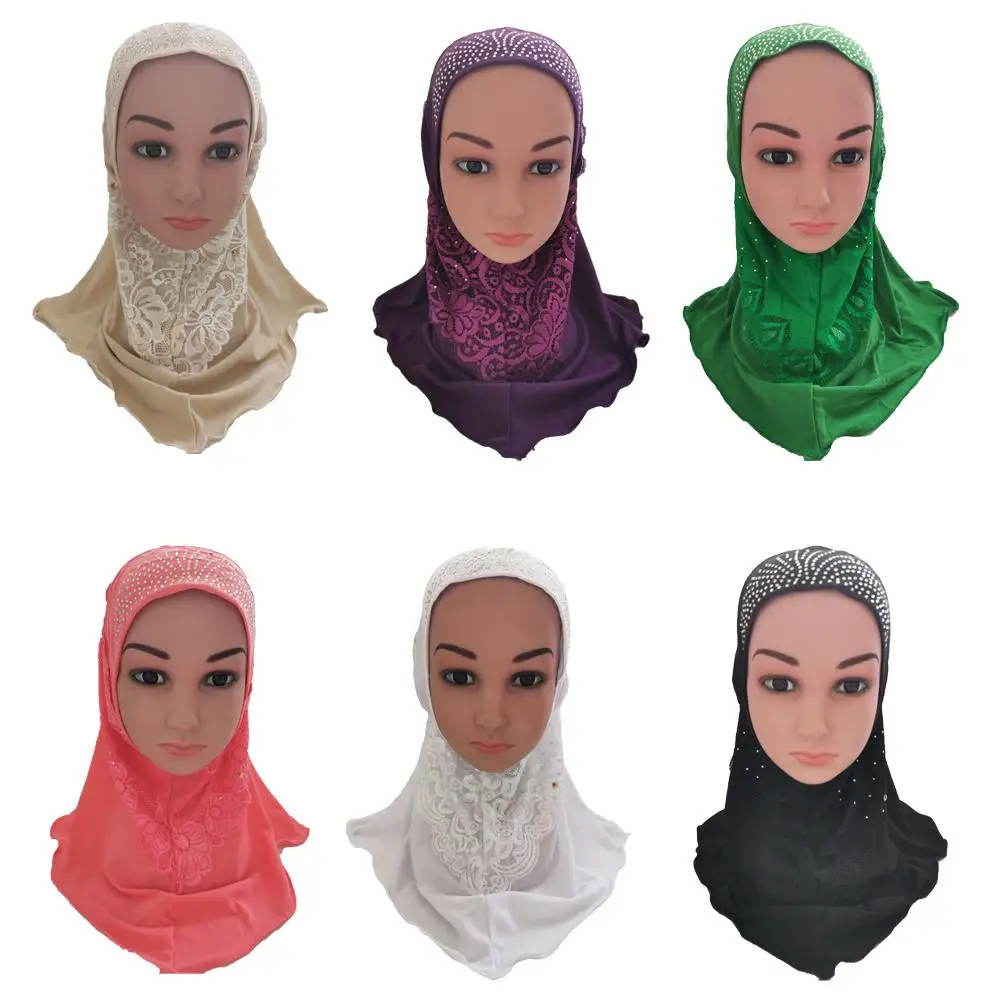 Kids Girls Amira Hijab Scarf Headwear Muslim Paryer Shawl Rhinestone Arab Islamic Headscarf Turban Middle East Head Wrap 2-6Y