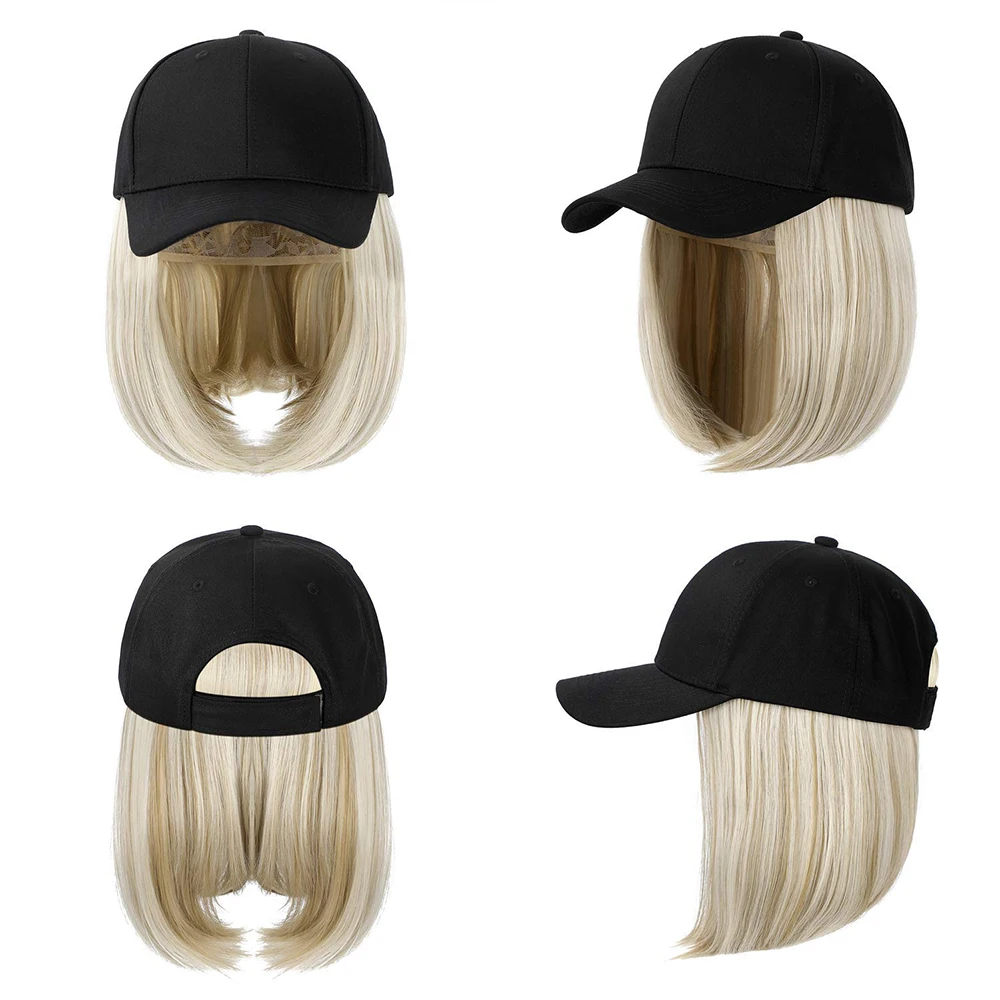 SHANGZI-Peluca de béisbol ondulada corta, sintética, Natural, bob, sombrero negro, pelucas, gorra con cabello, gorra de béisbol ajustable