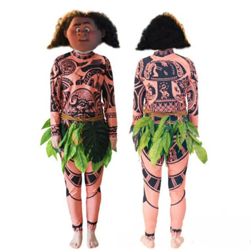 Camiseta y pantalones de tatuaje de Moana Maui para adultos, Disfraces de Halloween para hombres y mujeres, decoración de hojas, Cosplay de Halloween