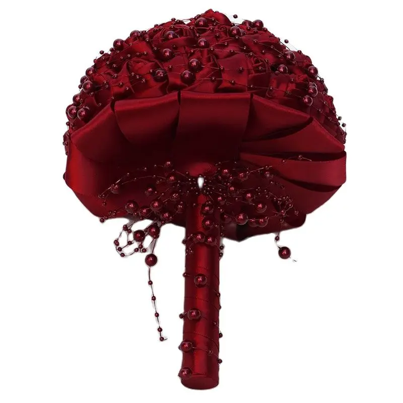 Wifelai-uma bela pérola frisado bouquet de noiva vermelho escuro seda rosa nupcial dama de honra exploração flores bouquet de noiva w3018a