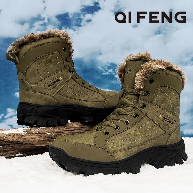 2025 Men Hiking Shoes Winter Fur Warm Waterproof Leather Outdoor Walking Mountain Shoes Climbing Large Size Sport Shoes Rubber