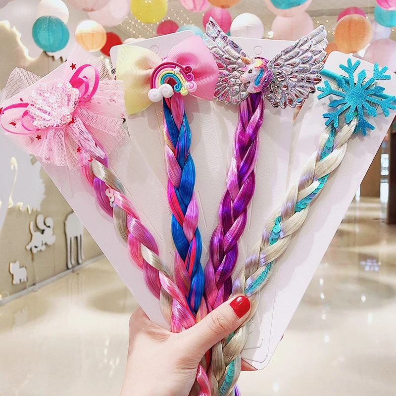 1PCS Cute New Princess Headwear Kids Elastic Hair Bands Children Rainbow Wig Girls Accessories Twist Braid Baby Headdress