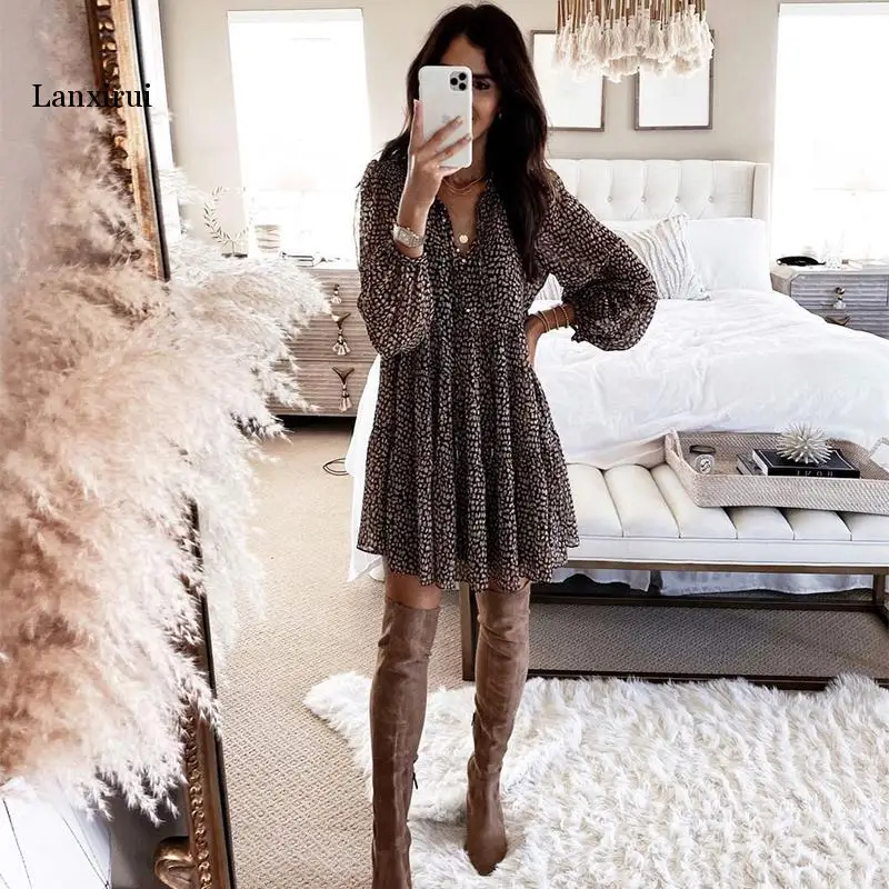 

Lantern Sleeve Dot Print Ruffles Women Dress Casual V-neck Long Sleeve Button Mini Dress Ladies Elegant Party Dress Vestido