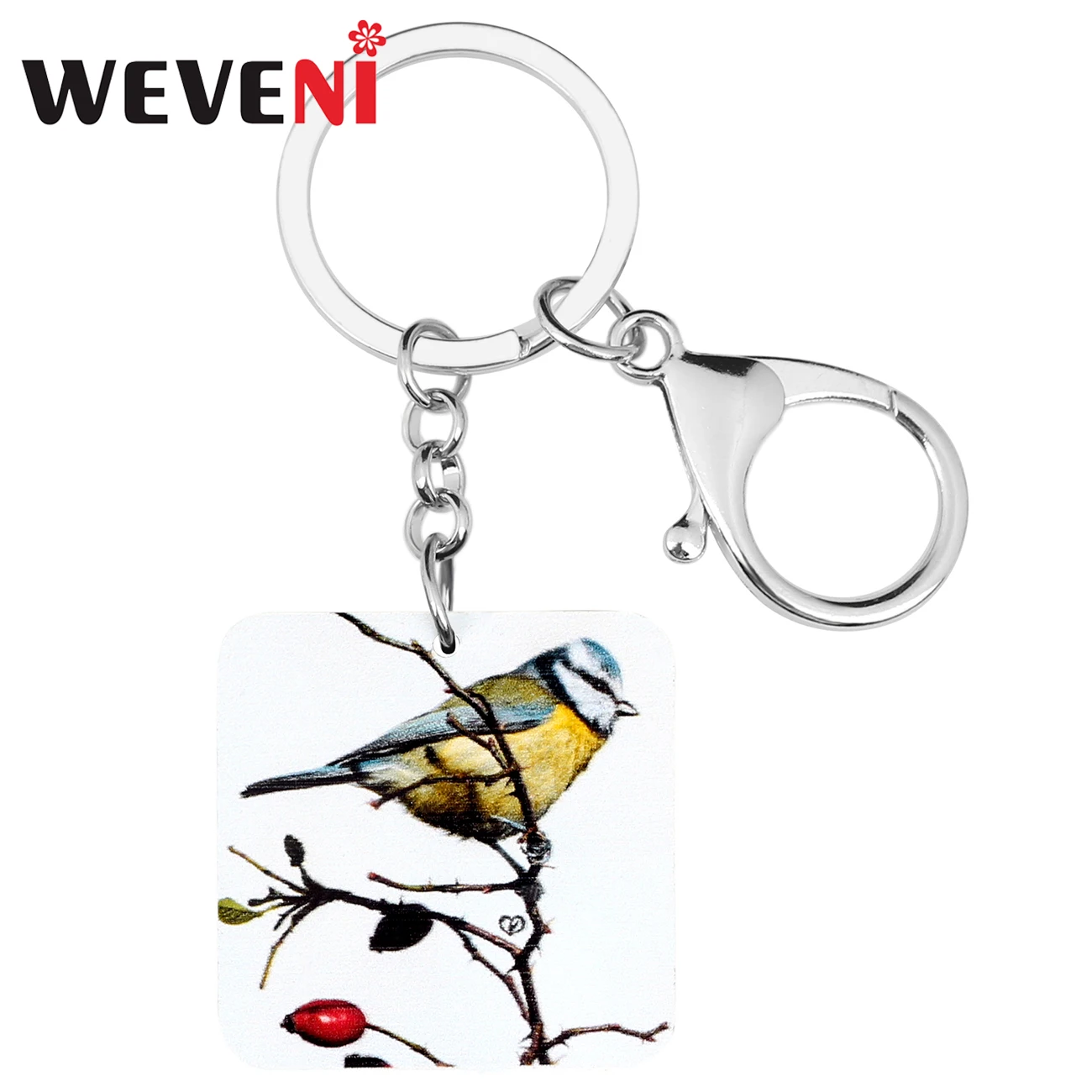 WEVENI Acrylic Square Parus Major Bird Keychains Lovely Animal Key Ring Jewelry For Teens Friends Girls Classic Gift Car Charms