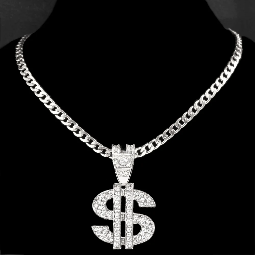 Bling Strass Dollar Anhänger Halskette Für Männer Silber Farbe Iced out 13mm Kubanischen Kette Choker Halsketten Hiphop Rap Rock schmuck – Detail 10