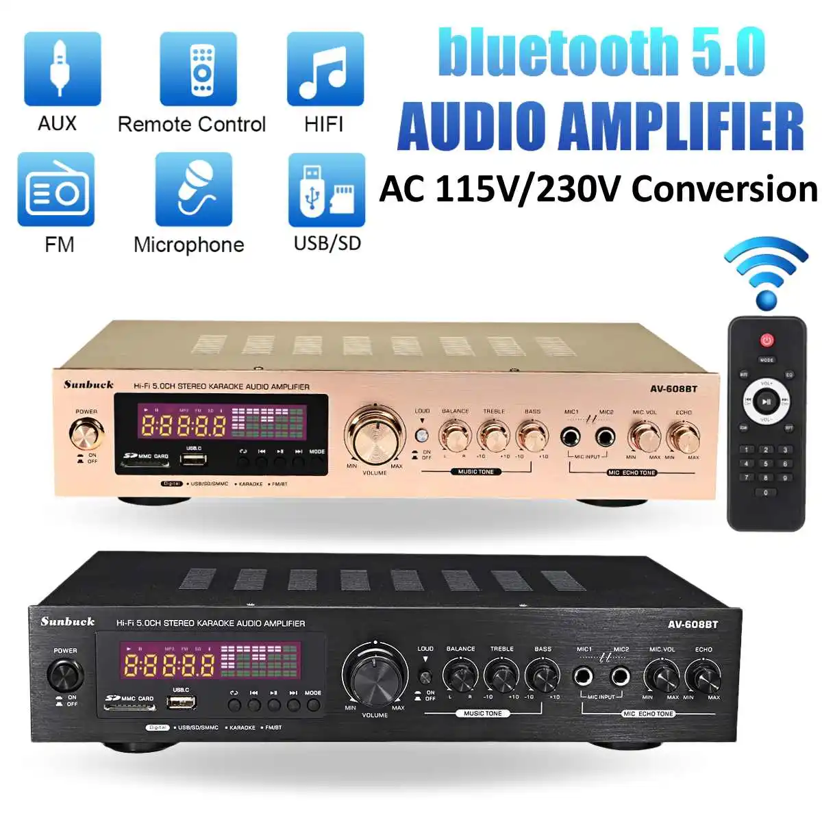 2000W 220V 110V bluetooth5.0 Audio Power Amplifier Home Theater Amplifiers amplificador Audio with Remote Control Support FM USB