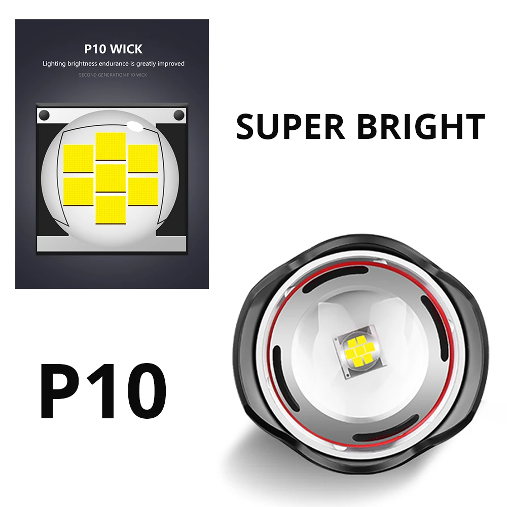 Super 7-Core P10 LED Flashlight With oversized convex lens Glare Adventure Lighting With Power bank function By 18650 battery