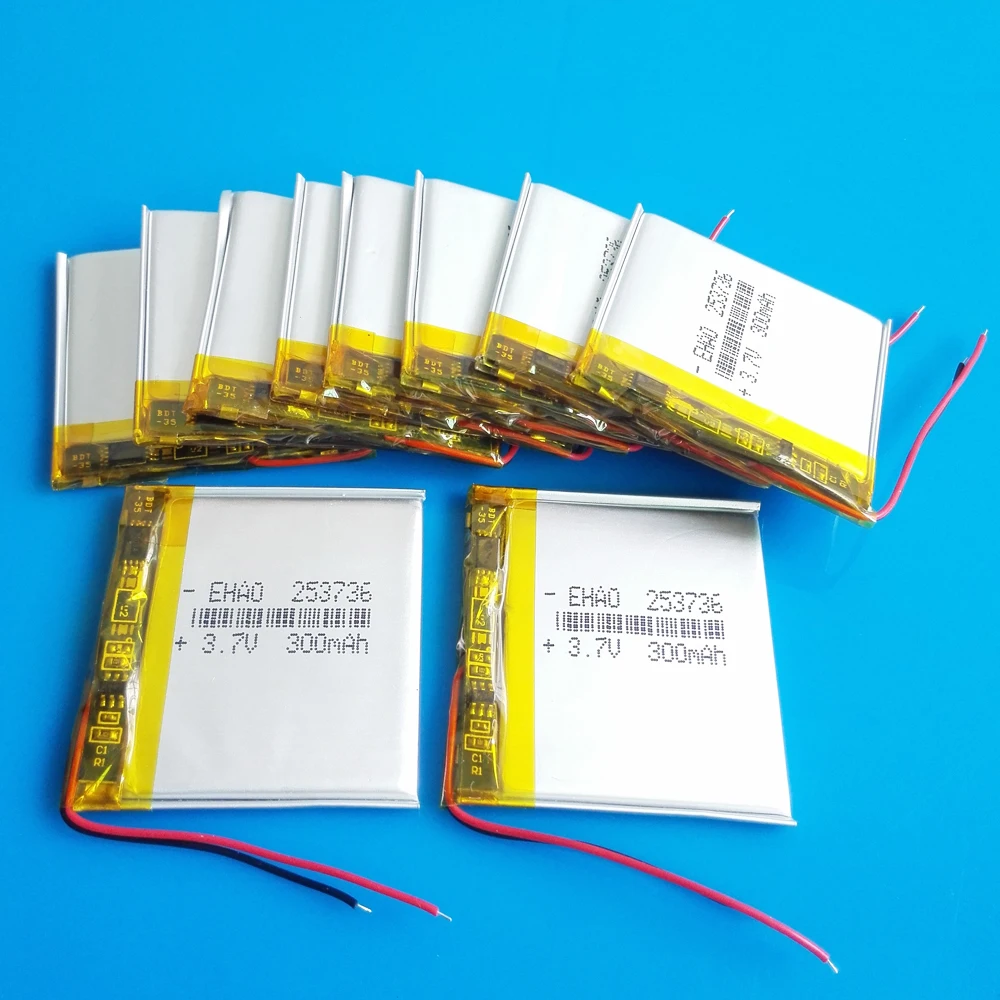 wholesale 10 pcs 3.7V 300mAh lipo lithium polymer rechargeable battery 253736 for MP3 GPS bluetooth headset camera smart watch