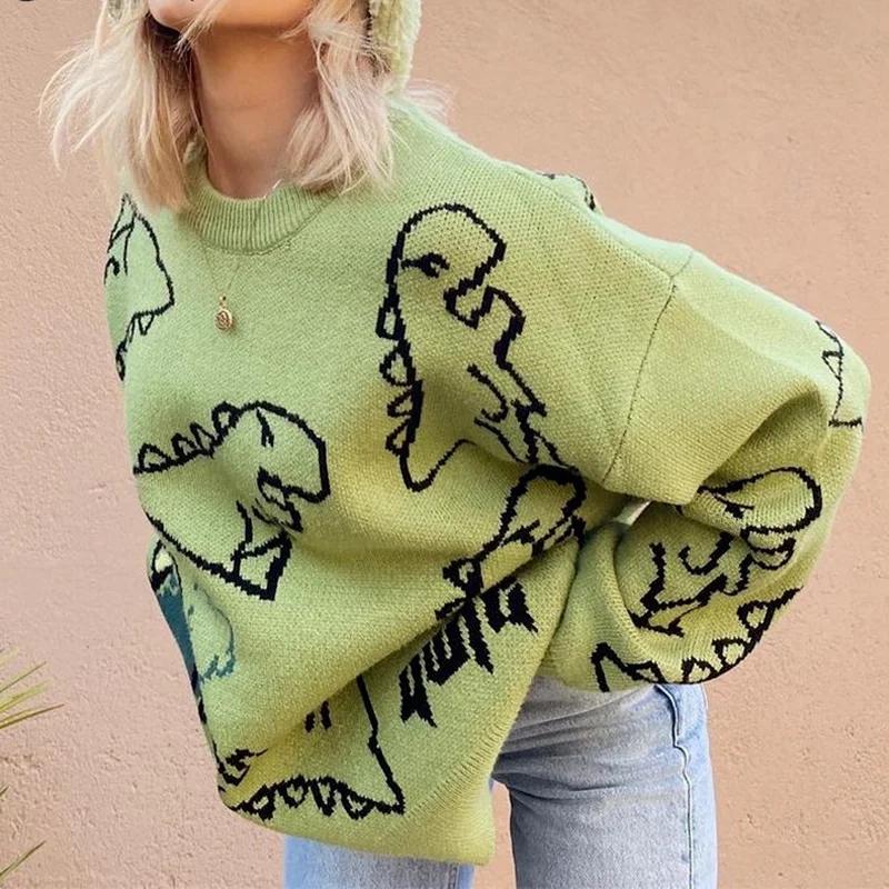 Oversized Green Sweater Women Casual Pullover Harajuku 90s Knit Sweater Loose Y2K Top Fashion O Neck Winter Streetwear Jumper