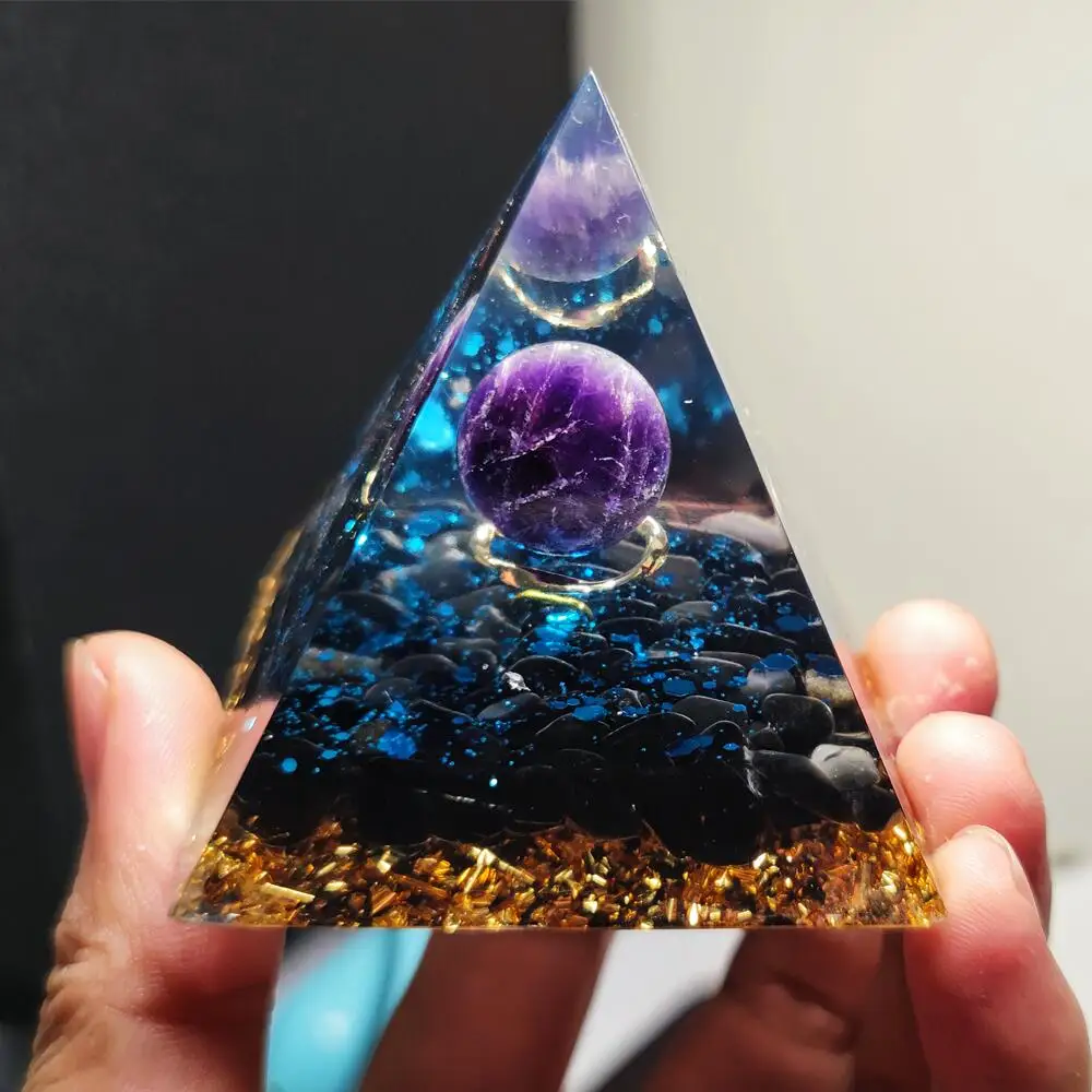 

60MM Orgonite Pyramid Purple Crystal Sphere Obsidian Yoga Reiki Healing Crystal Handmade Orgone Pyramid