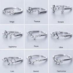 Yungqi 12 Constellations Zodiac Sign Finger Rings for Women Girls Birthday Cubic Zirconia Adjustable Ring Silver Color Jewelry