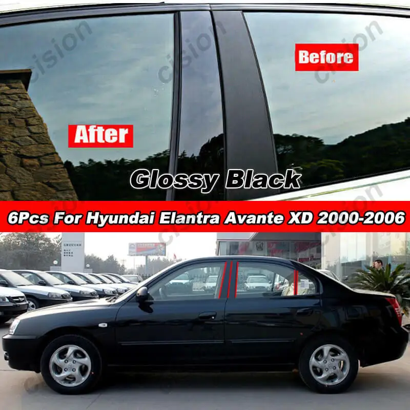 6Pcs Carbon Fiber Black Car Door Window Column BC Pillar Post Trim PC Material Sticker For Hyundai Elantra Avante XD 2000-2006