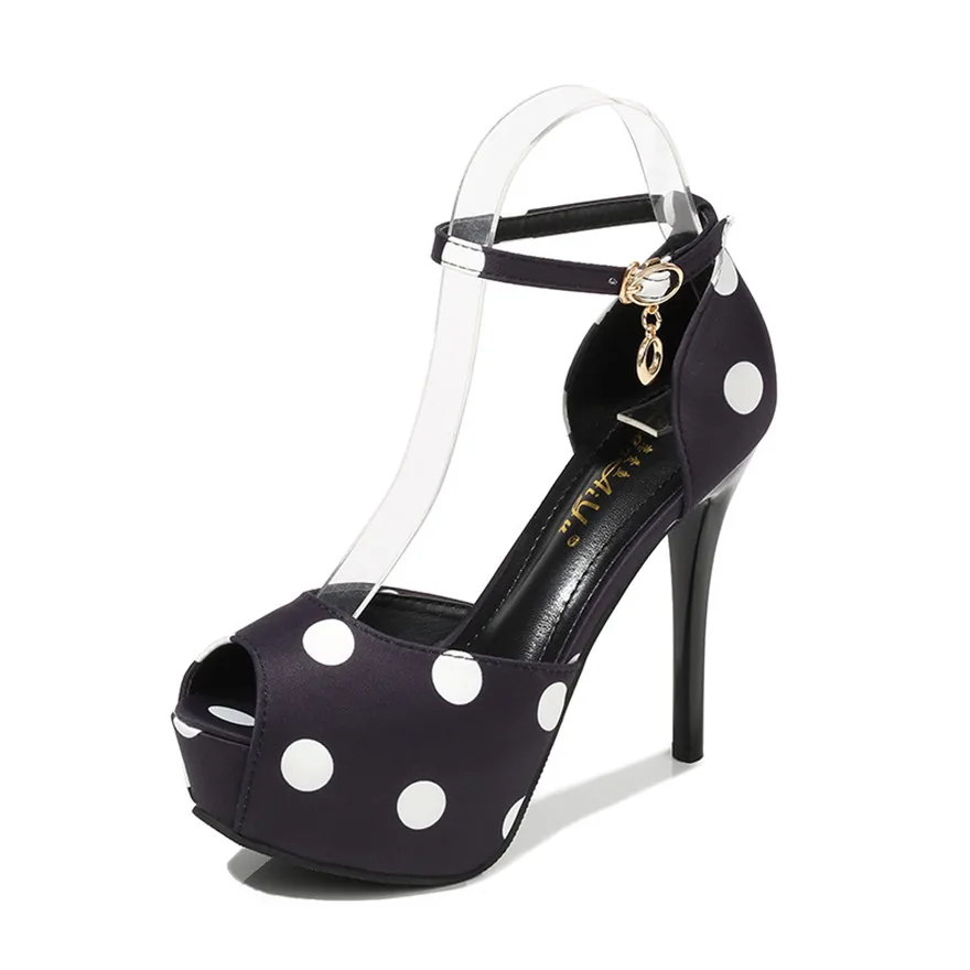 Black White 12/14cm Thin Heels Women Sandals Summer Platform Fashion Polka Dot Silk Pumps Woman Peep Toe Thin Buckle Dress Shoes