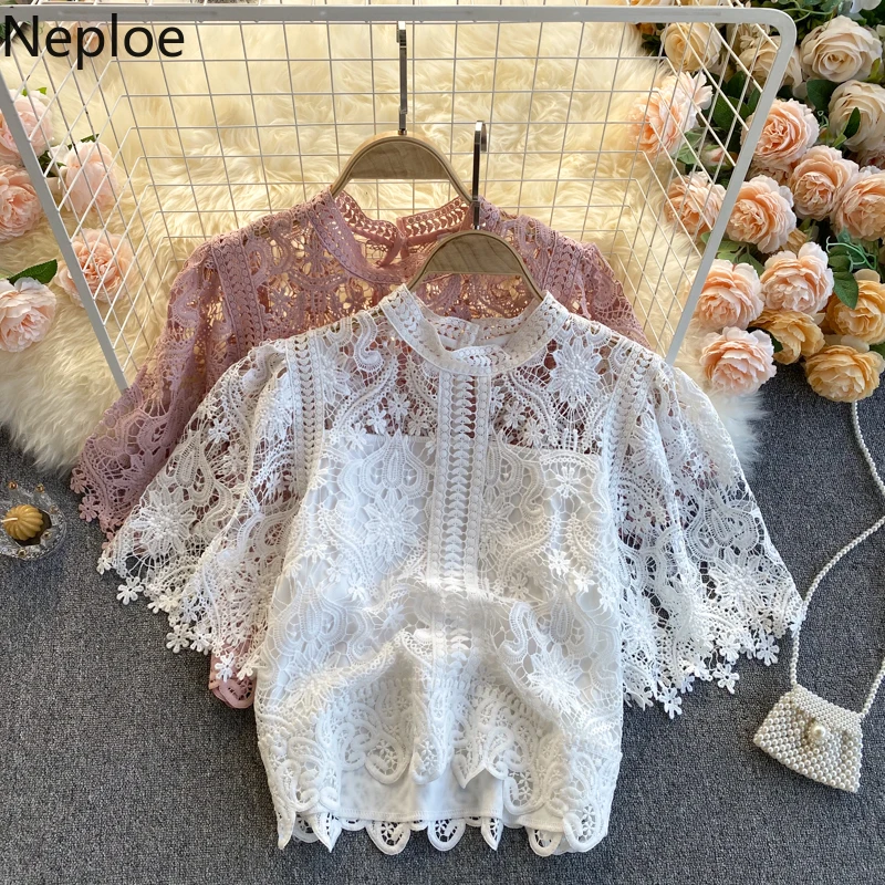 Neploe Korean Woman Clothes Blusas Mujer De Moda Fashion Shirts 2023 Hollow Out Floral Blouses Women Lace Laides Cropped Tops