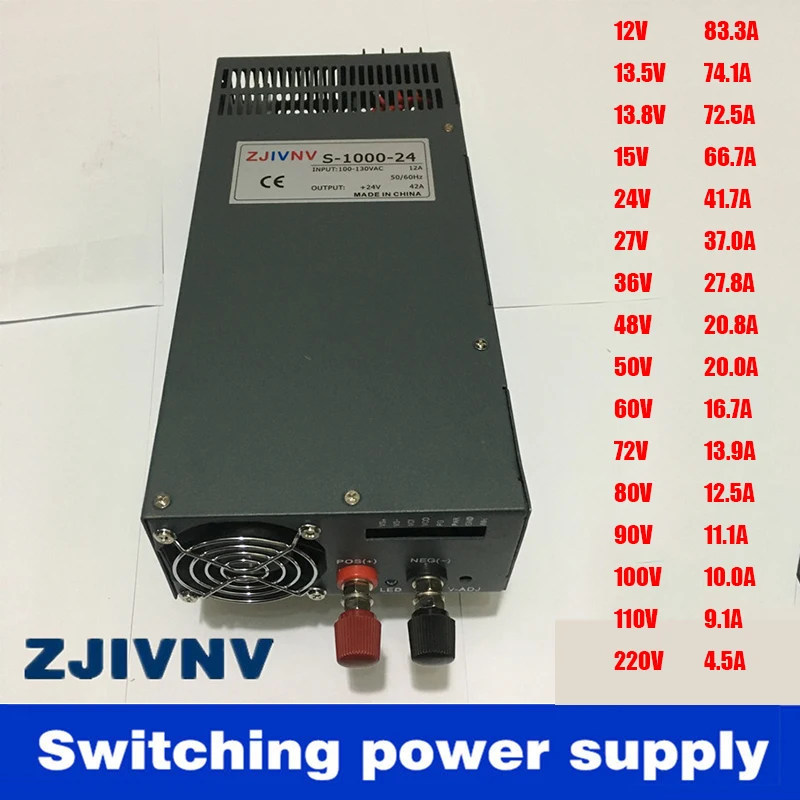 Switching Power Supply 1000W 12V 13.5V 13.8V 15V 24V 27V 36V 48V 50V 60V 72V 80V 90V 100V 110V 220V AC to DC Input 110v or 220v