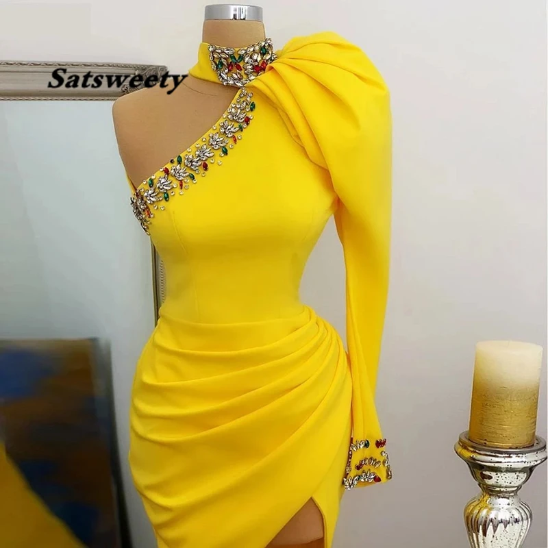 Yellow White Long Sleeve Satin Cocktail Dresses High Neck One Shoulder Crystal Slit Party Vestidos De Gala Formal Prom Gown