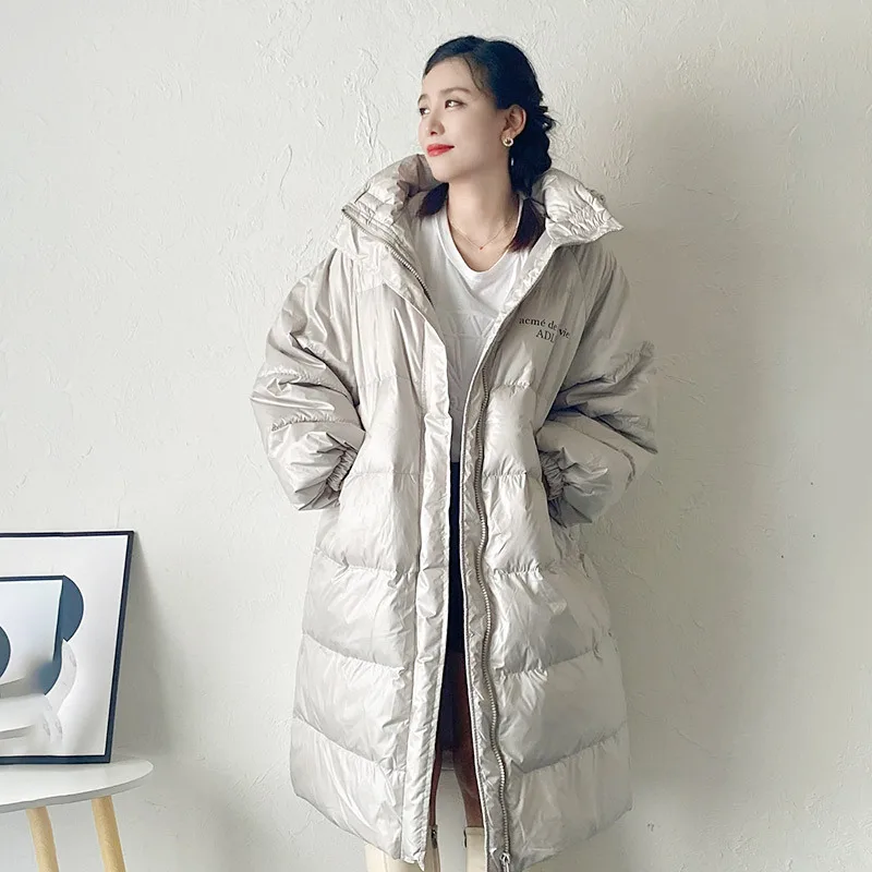 2021 women\'s down jacket winter white office lady long loose large size fashion white duck down casual large fat lady hood coat