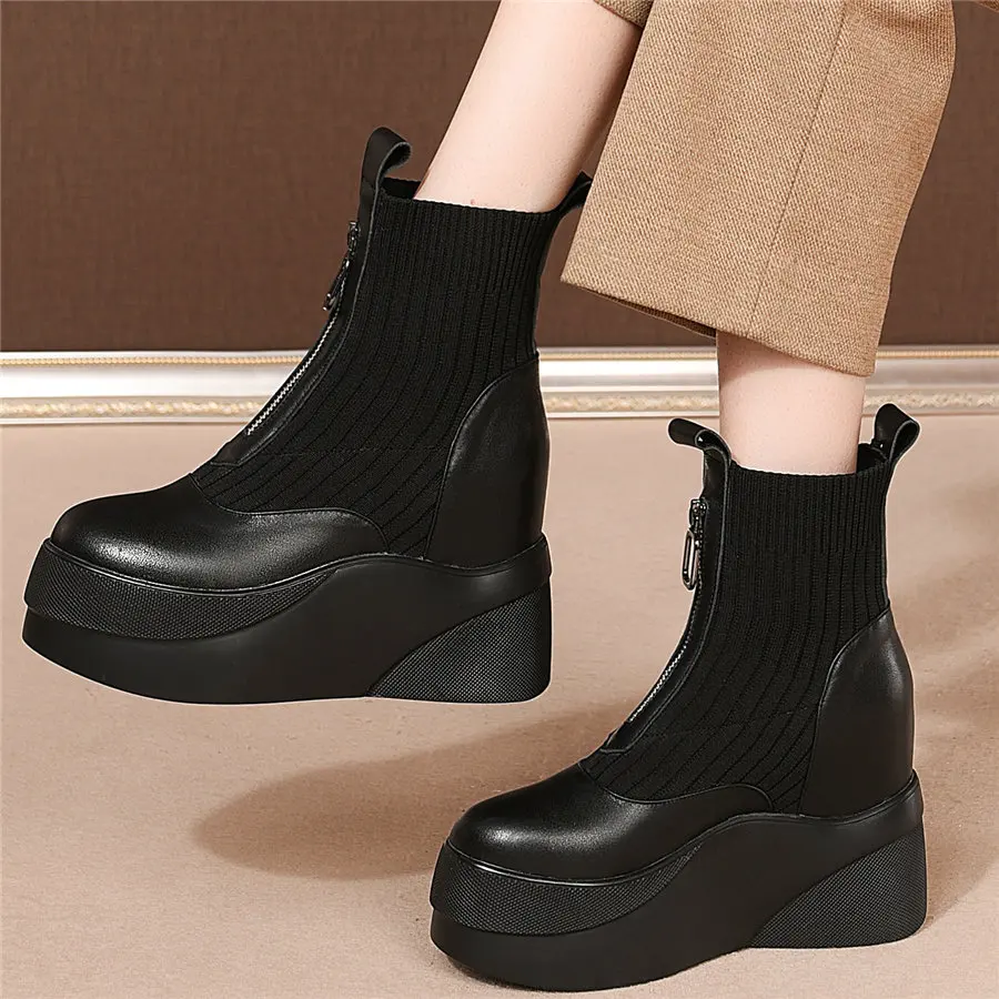 Casual Shoes Women Genuine Leather Wedges High Heel Ankle Boots Female Knitting Round Toe Fashion Sneakers Platform Oxfords Shoe