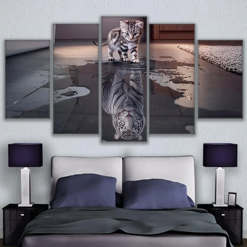 Wall Art Frame for Home Living Room, Nordic Decoration, 5 Panel Painting, Animal Cat New Canvas, Tiger Modular Picture, Poster