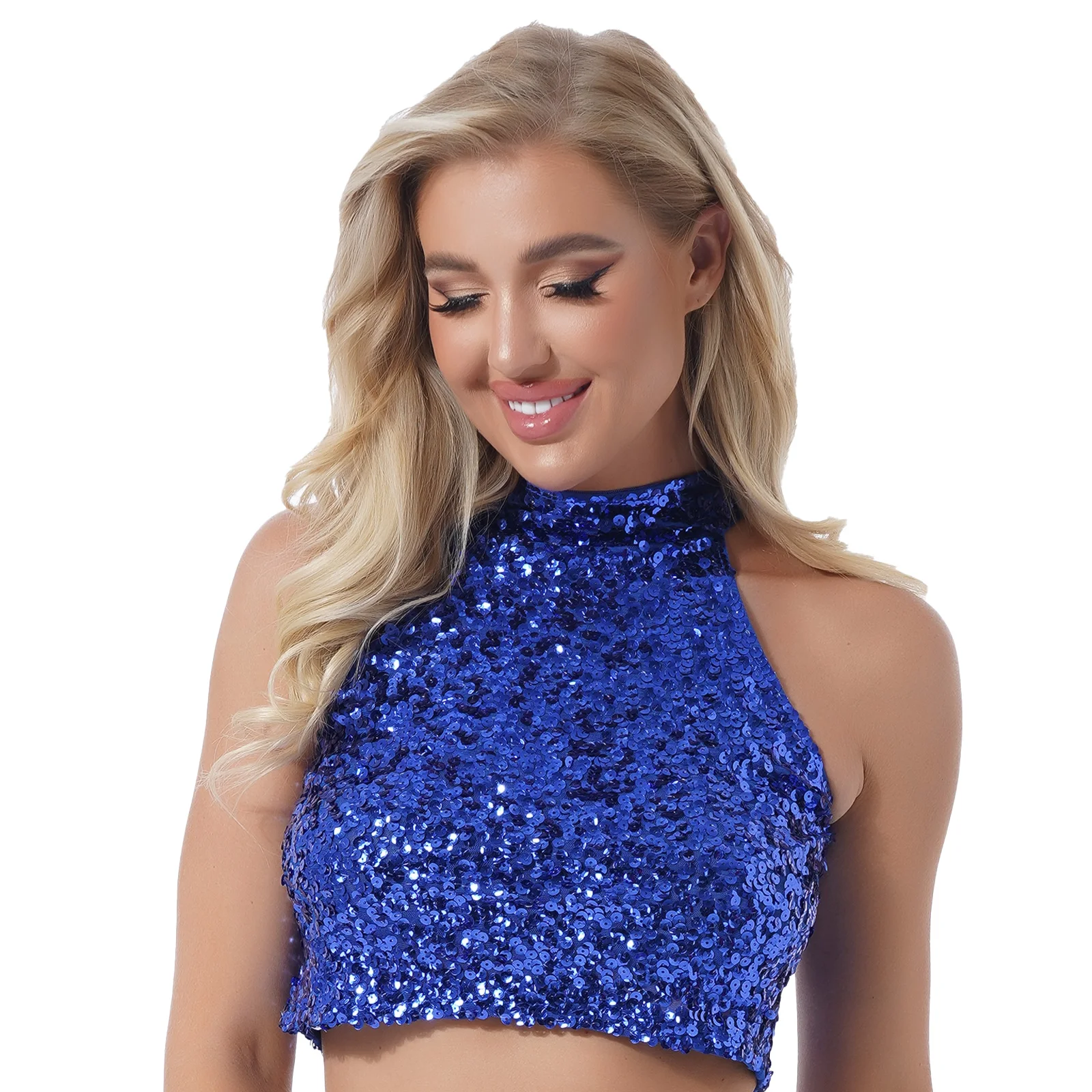 Shiny Sequin Crop Top for Womens Nightclub Rave Party Sparkling Tank Top Sexy Halter Club Cami T-shirt Tops Pole Dance Costume