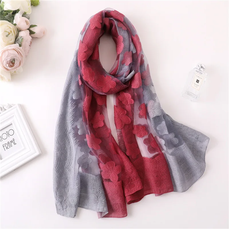 Women Simulation Silk Cut Flower Scarf Scarves Girls Embroidery Wild Sunscreen Shawl Adult Long Embroidered Lace Scarfs