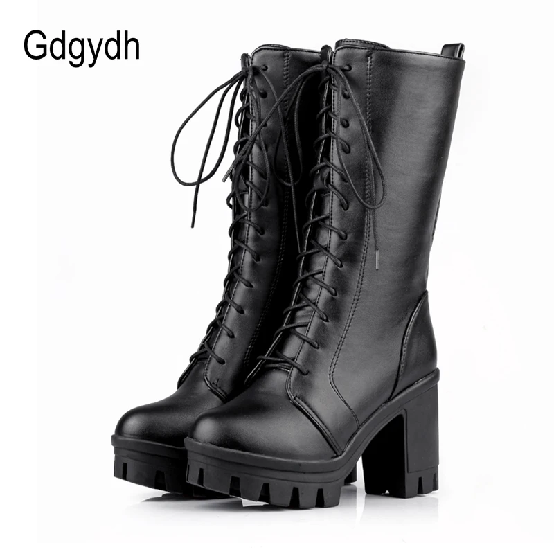 Gdgydh 2022 Hot Sale Spring Autumn Lacing Mid Calf Boots Women Fashion White Square Heels Woman Mortorcycle Boot Plus Size 34-43