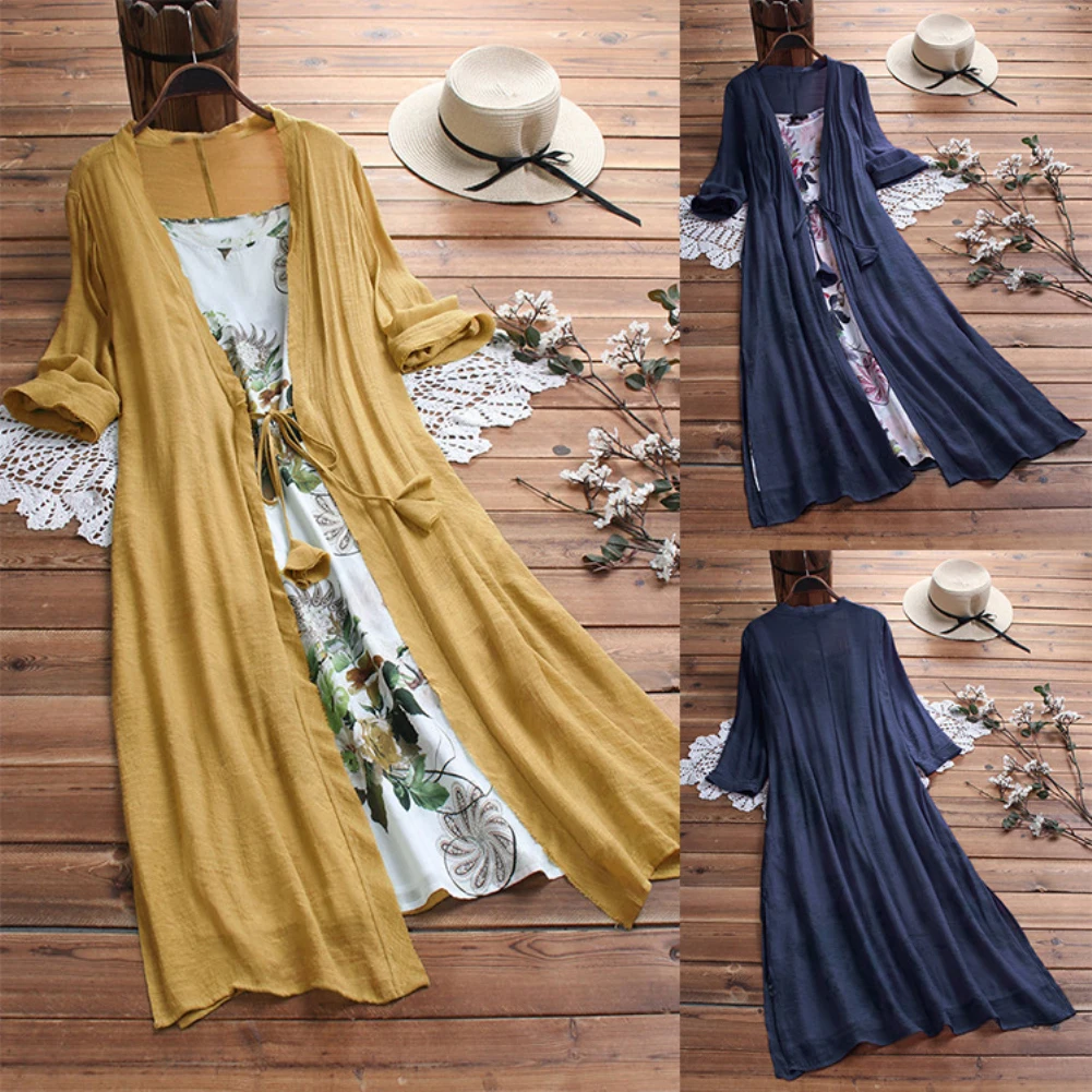 2ピース/セット特大女性フラワープリントコットンリネンノースリーブドレスカーディガンとホットアパレル女性夏のエレガントなドレス